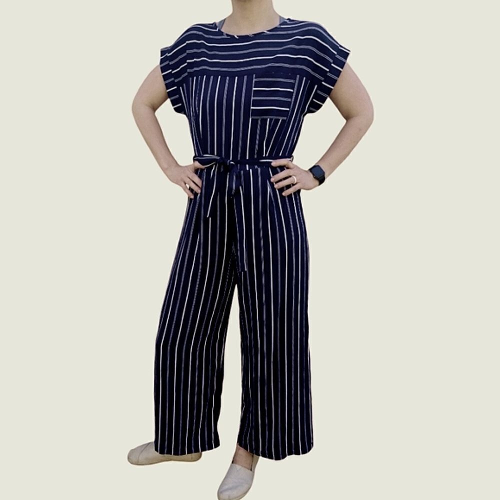 Monteau Jumpsuit Wide Leg Navy Blue White Stripe Size XL - Picture 6 of 6